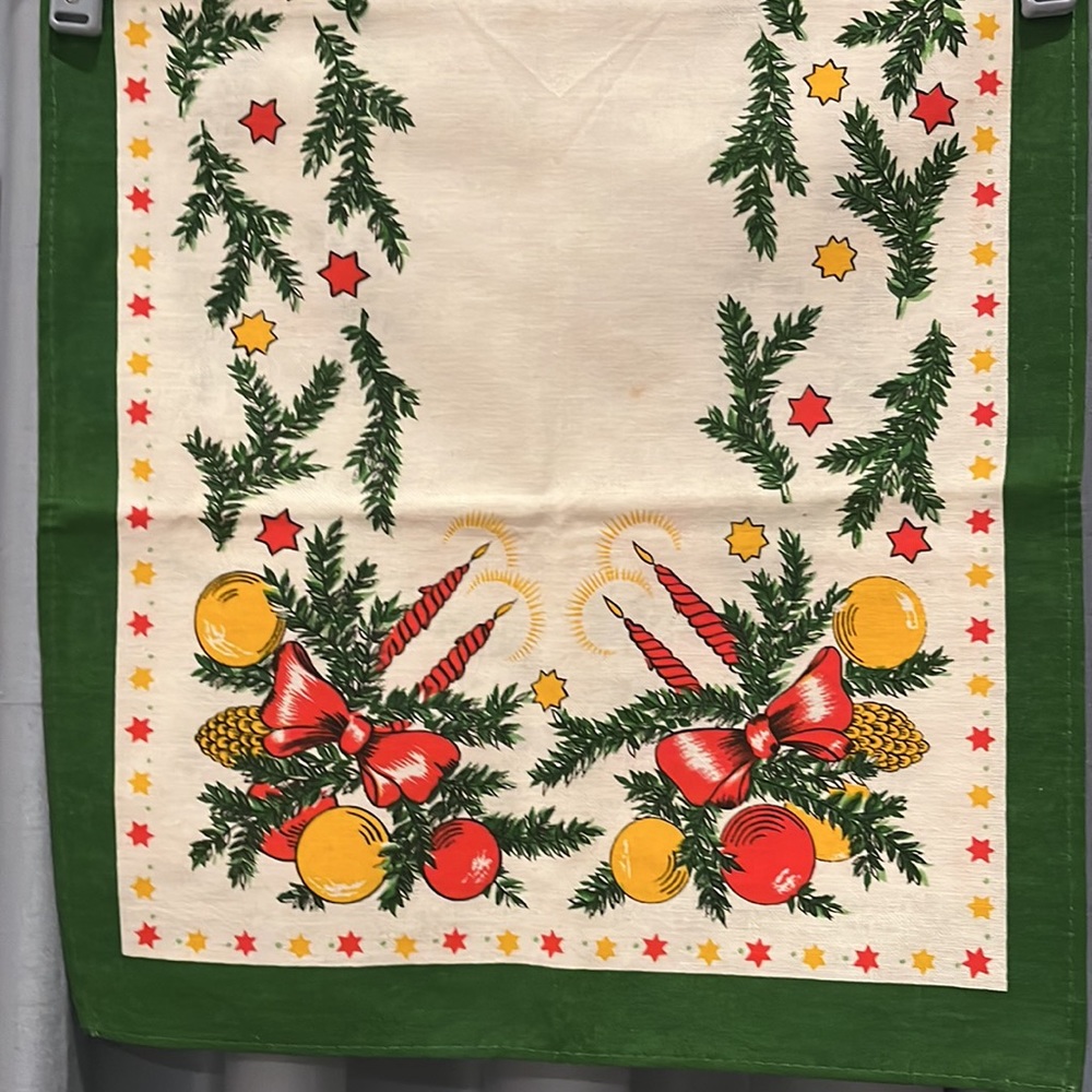 Colorful Christmas Table Runner Candles, Bows, Ornaments Pine Boughs/Cones Stars